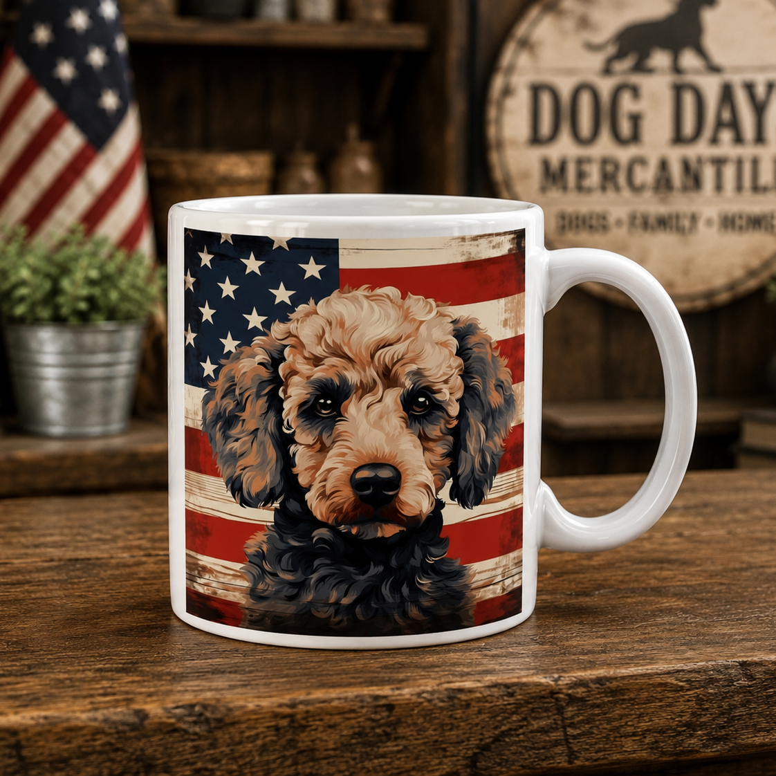 A white ceramic mug featuring a printed graphic of a poodle in front of a distressed American flag, set on a rustic wooden table with a cozy, themed background.