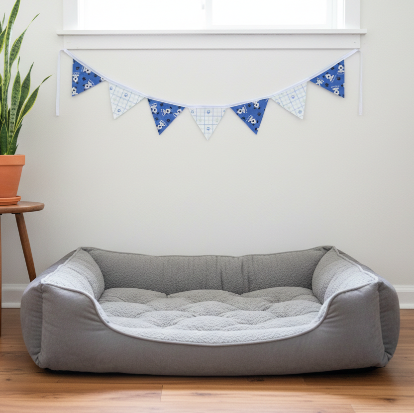 Gray pet bed in a room with a plant and decorative banner