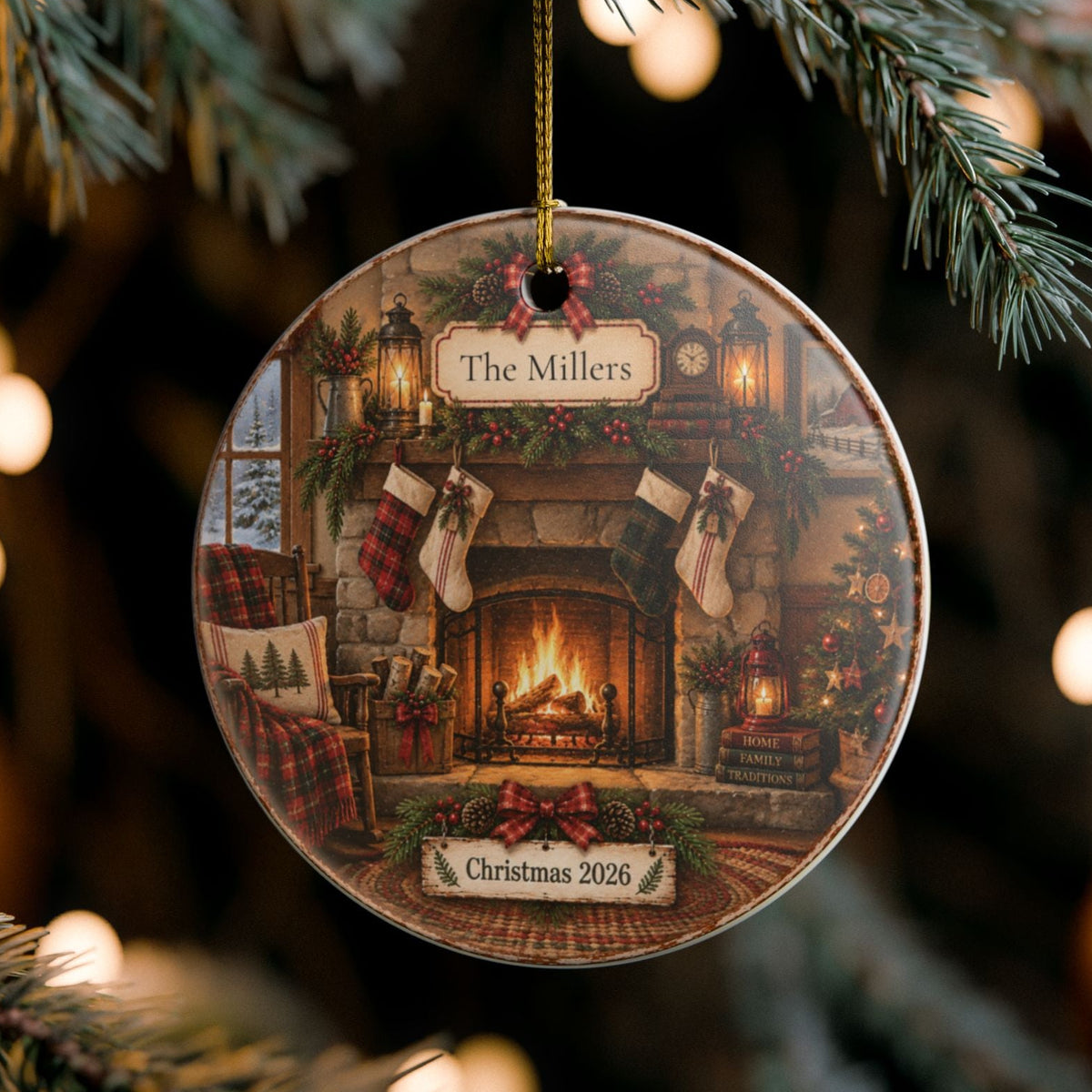 A round Christmas ornament hanging from a pine tree branch, featuring a printed winter fireplace scene with stockings, a burning fire, and personalized text reading 'Name' and 'Christmas 2006'.