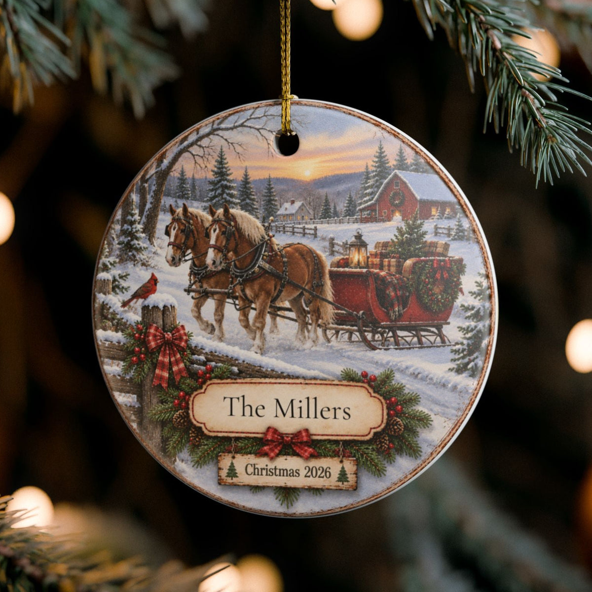 A personalized round Christmas ornament hanging from a pine tree branch. The ornament features a printed winter scene with a horse-drawn sleigh, snow, evergreen wreath, and a personalized label that reads 'Christmas 2026'.