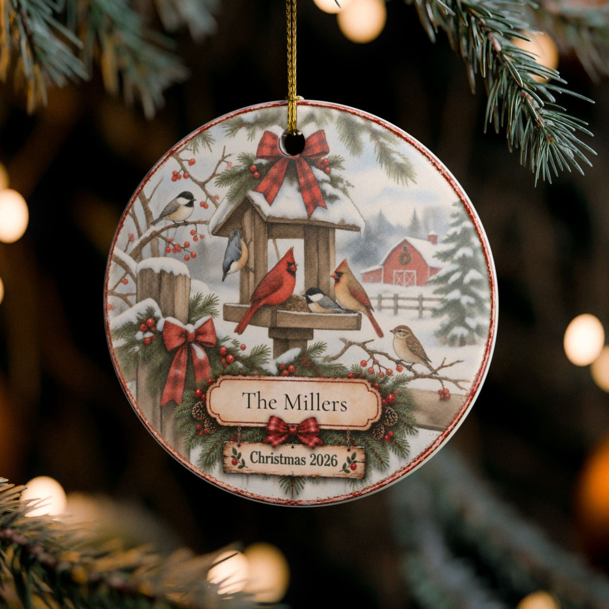 A round personalized Christmas ornament hanging from a pine tree branch. The ornament features a winter bird scene with cardinals, a birdhouse, snow, and a red bow, with the text 'Name' and 'Christmas 2026' at the bottom.