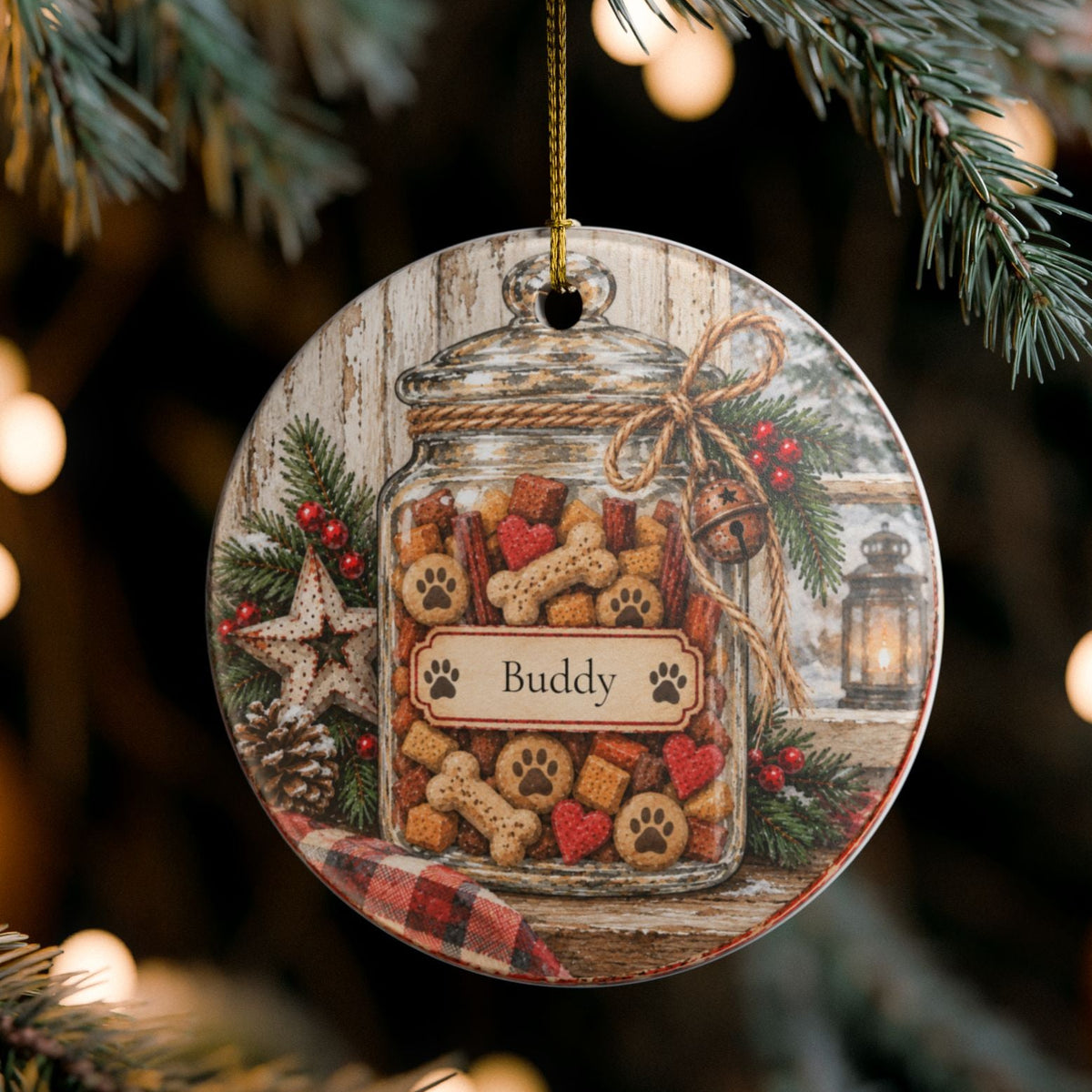 A round Christmas ornament hanging from a pine tree branch, featuring an illustrated jar filled with dog treats and a personalized label that reads “Buddy” with paw prints. The ornament is photographed against a softly blurred holiday tree background with warm bokeh lights.
