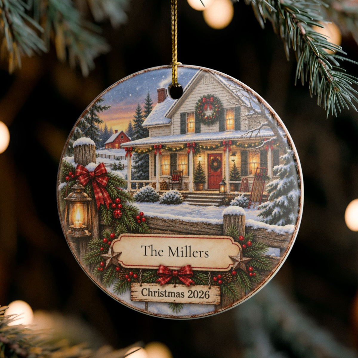 A round Christmas ornament hanging from a pine tree branch, featuring a printed winter house scene with snow, red bows, and a banner that reads “Christmas 2026.”.