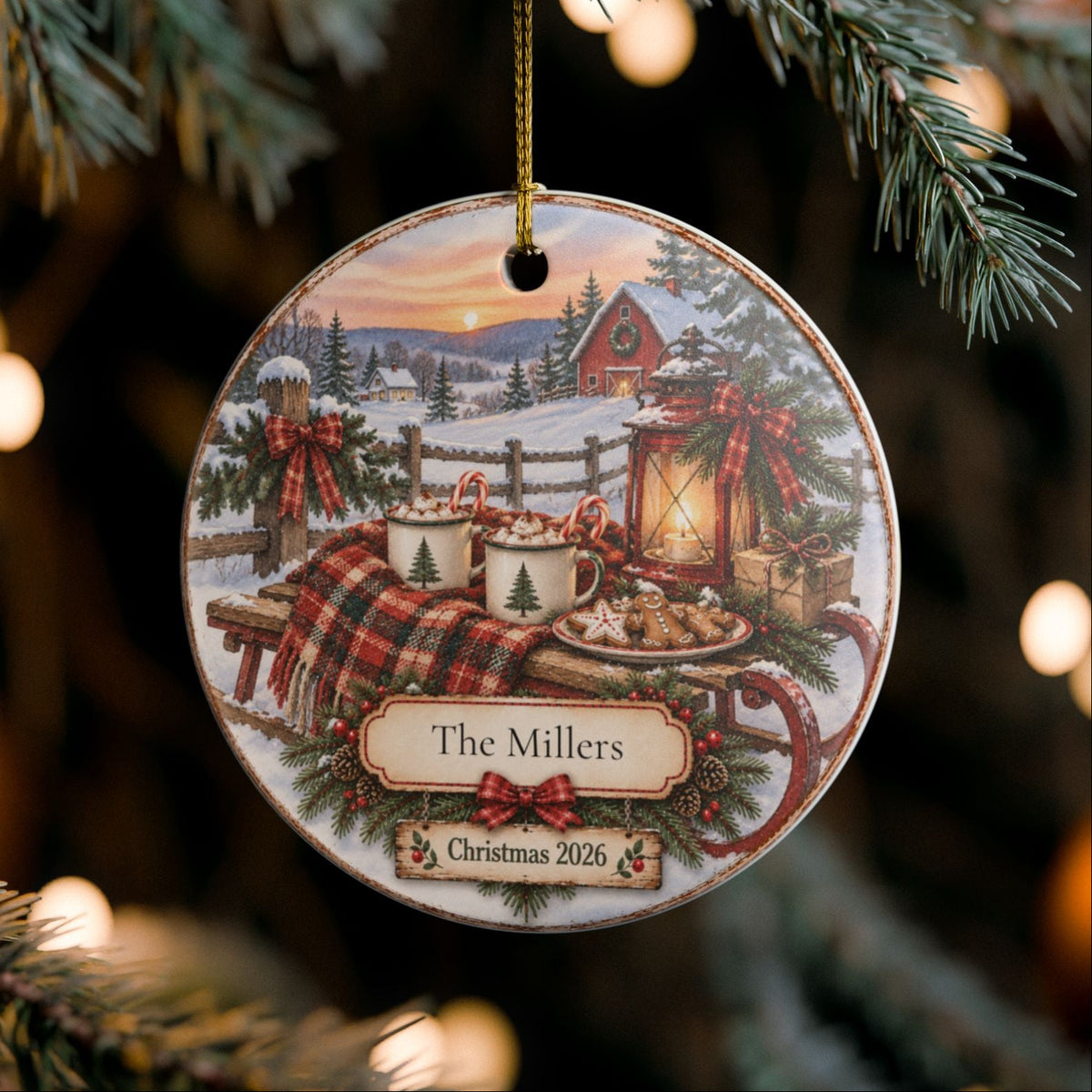 A personalized round Christmas ornament hanging from a pine tree branch. The ornament features a winter mill scene with mugs, a plaid tablecloth, a red barn, and the text 'Name' and 'Christmas 2026'.