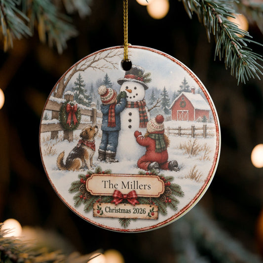 A personalized round Christmas ornament hanging from a pine tree branch. The ornament features a vintage-style illustration of a snowman, a dog, and a red barn in the background, with the custom text and Christmas 2026 at the bottom.