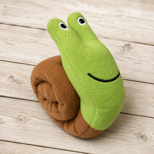 A plush snail toy with a bright green body and a brown shell, featuring large cartoon eyes and a simple black smile, placed on a light wood plank surface.