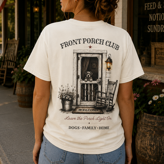 A woman stands outdoors in front of a rustic storefront, wearing a cream graphic T-shirt with a large black-and-white 'Front Porch Club' dog-themed print on the back and light blue jeans.