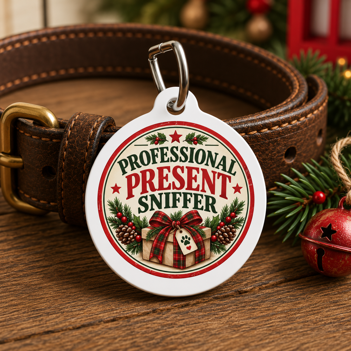 A round white pet ID tag with a silver clasp attached to a brown leather collar, featuring a Christmas-themed design that reads 'PROFESSIONAL PRESENT SNIFFER' with red text, green holly, pinecones, and a gift box. The collar and tag are styled on a wooden surface with holiday greenery and a red bell in the background.