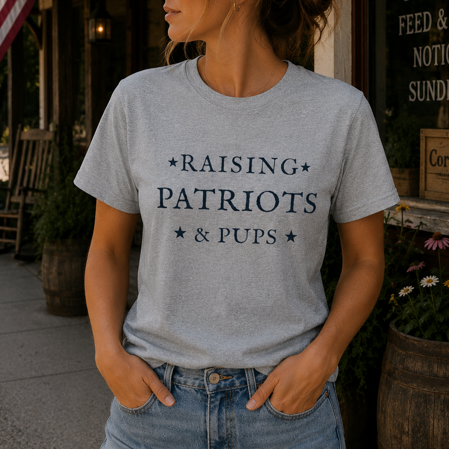 A woman wearing a light heather gray graphic t-shirt that reads 'RAISING PATRIOTS & PUPS' in navy blue text, paired with light wash blue jeans, standing in front of a rustic wooden storefront with vintage signs.