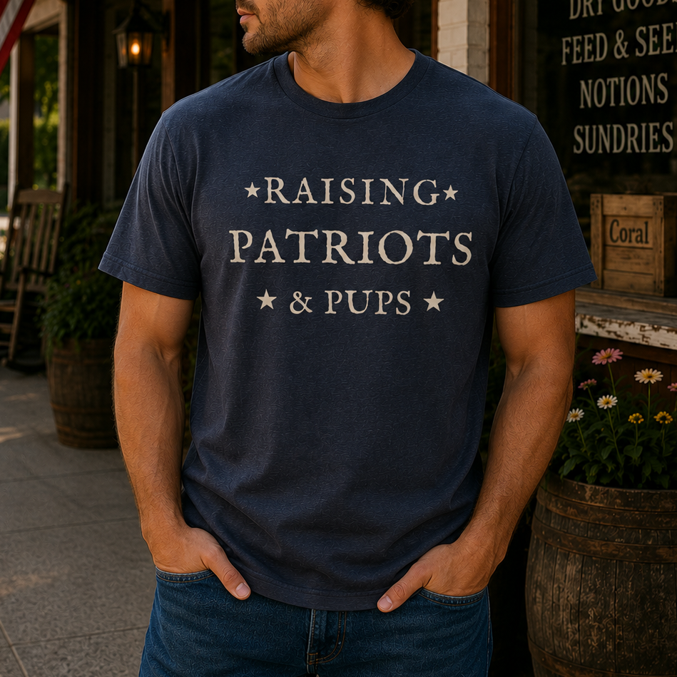 A man wearing a navy blue graphic t-shirt with the text 'RAISING PATRIOTS & PUPS' in white, standing in front of a rustic general store storefront.