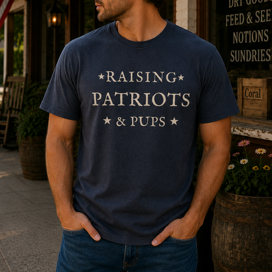 A man wearing a navy blue graphic t-shirt with the text 'RAISING PATRIOTS & PUPS' in white, standing in front of a rustic general store storefront.