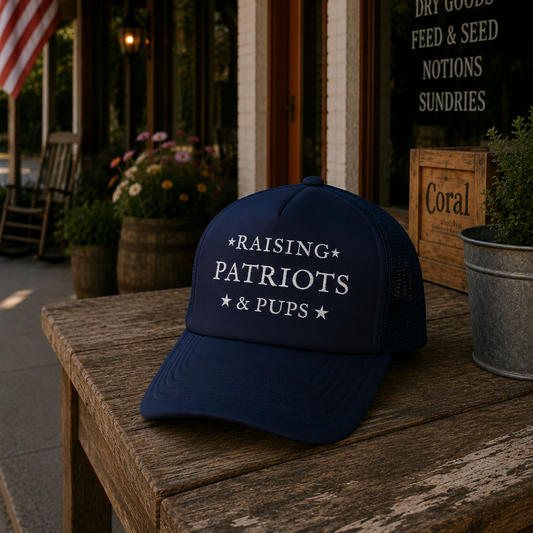 A navy blue trucker hat with white embroidered text reading '*RAISING PATRIOTS * PUPS *' sits on a rustic wooden table outside a shop. The hat has a navy front panel and brim, with white mesh side and back panels.