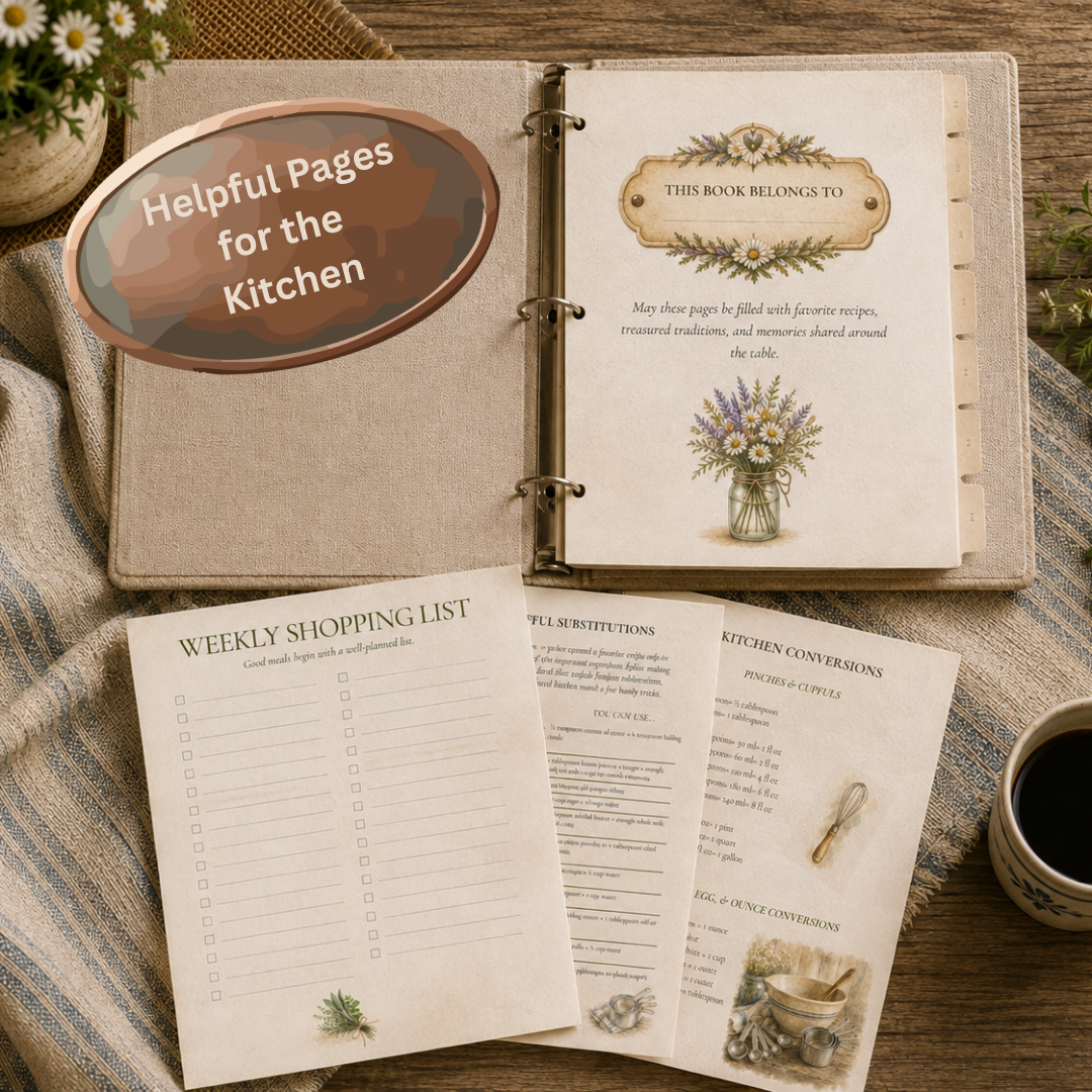 An open ring-bound kitchen planner binder on a wooden table, with printed inserts showing a weekly shopping list, kitchen substitutions, and a floral page. A copper badge reading 'Helpful Pages for the Kitchen' is overlaid on the top left.
