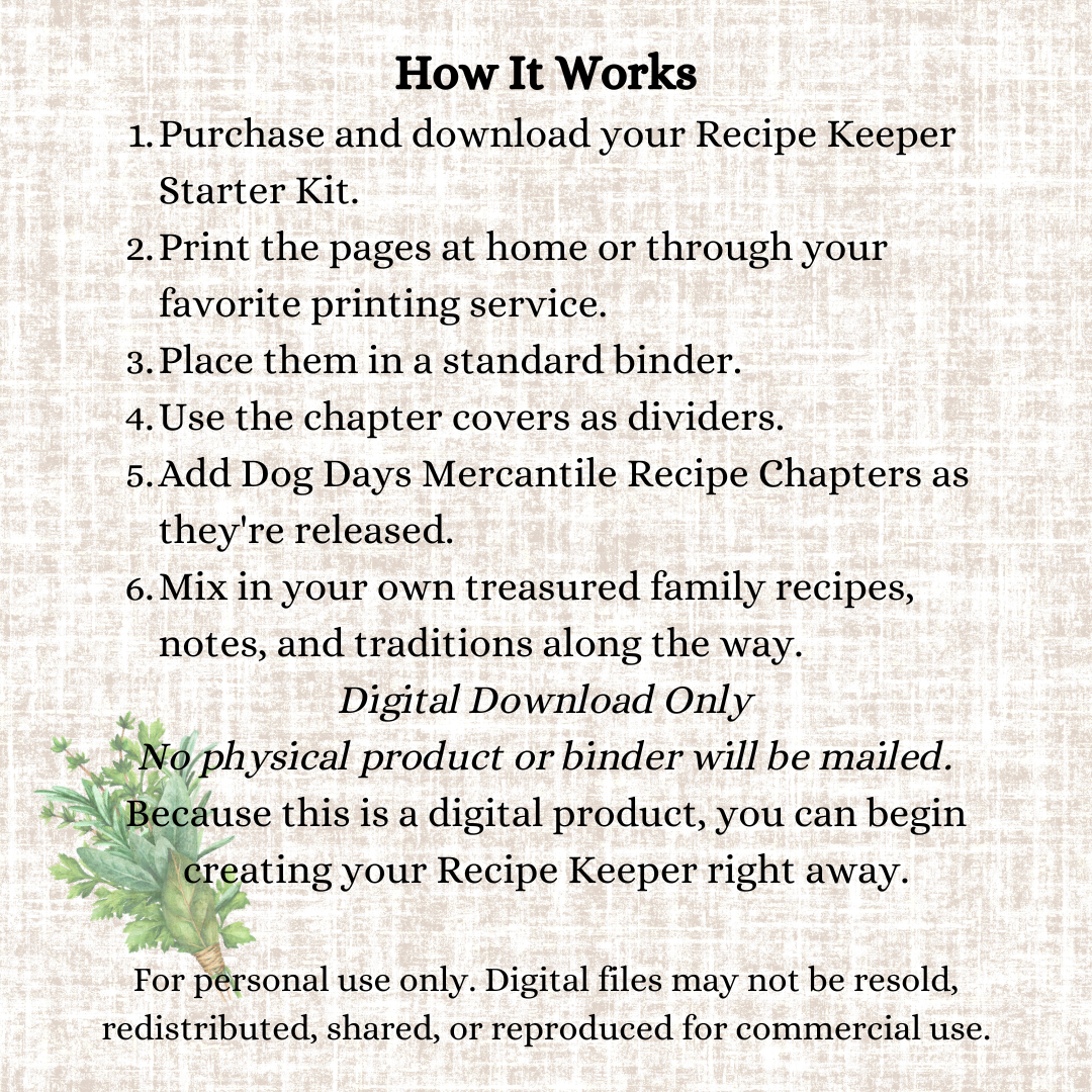 A digital graphic outlining the 'How It Works' process for the Recipe Keeper Starter Kit. The text details a six-step guide for purchasing, downloading, printing, and organizing digital recipe pages.