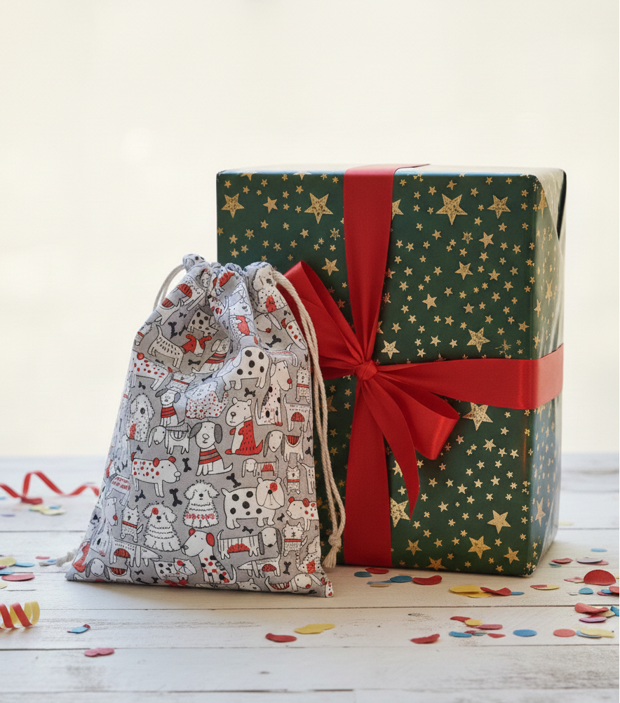 Patterned drawstring bag and green gift box with red ribbon on a light wooden surface.