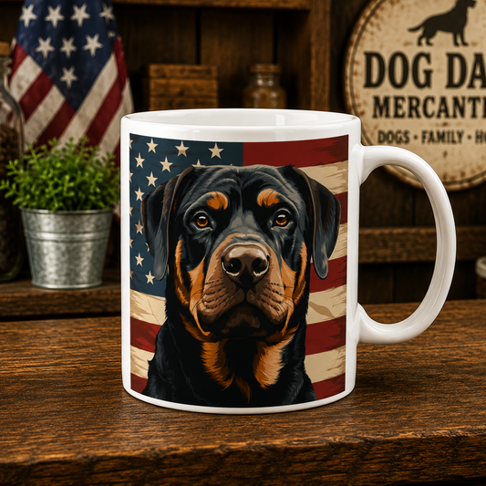 A white ceramic coffee mug featuring a printed graphic of a Rottweiler dog against a rustic American flag background, displayed on a wooden shelf in a themed setting.