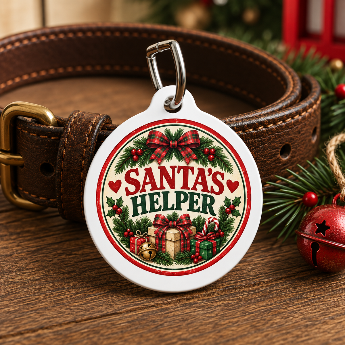 A round white pet ID tag with a Christmas-themed design reading 'SANTA'S HELPER,' shown resting on a brown leather dog collar. The tag features red text, green holly, red bows, wrapped gifts, and a small bell, photographed on a wooden surface with holiday greenery and a red bell in the background.
