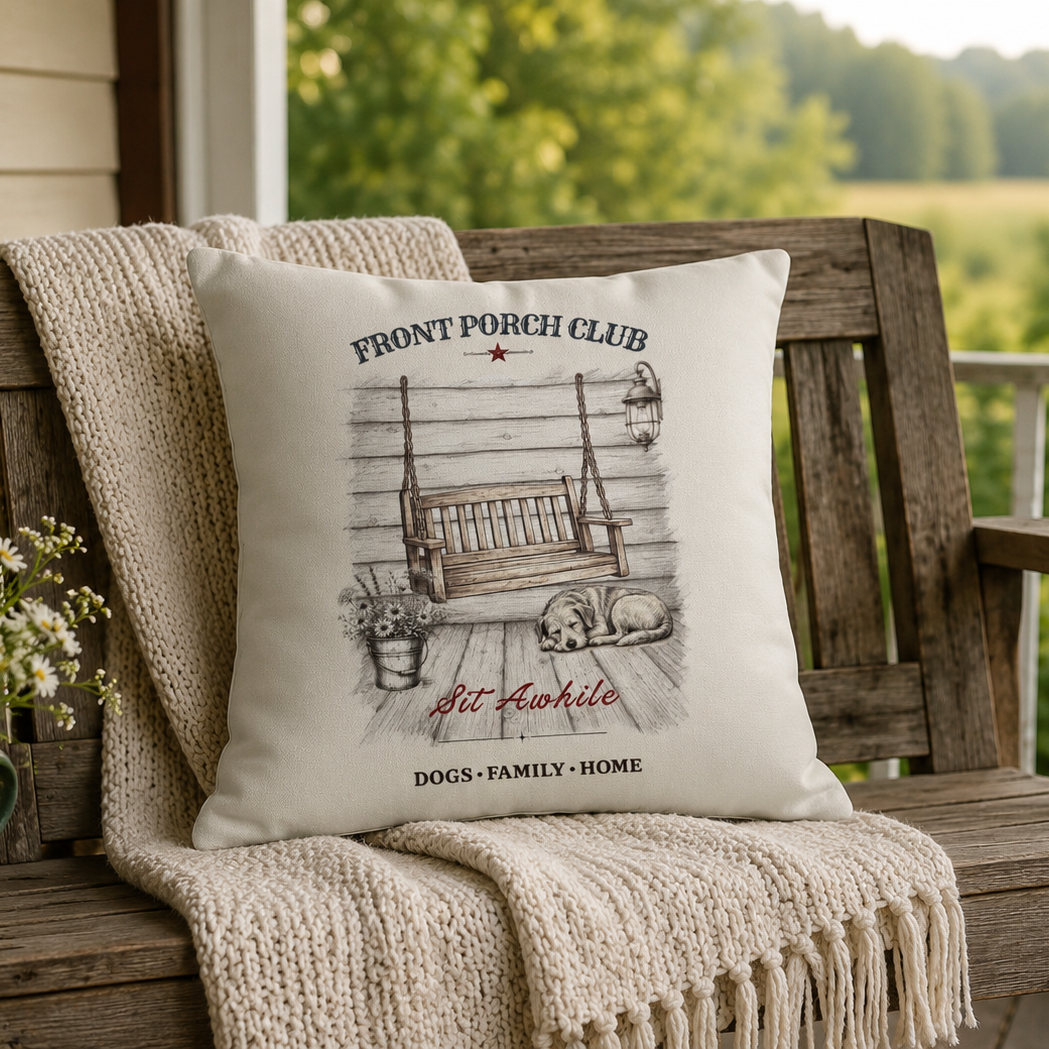 A square cream throw pillow with a rustic black and red 'Front Porch Club' graphic, styled on a wooden porch swing with a cream knit blanket and a green bucket of daisies.