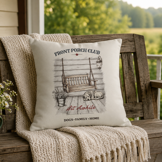 A square cream throw pillow with a rustic black and red 'Front Porch Club' graphic, styled on a wooden porch swing with a cream knit blanket and a green bucket of daisies.