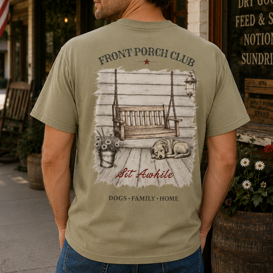 A man wearing a beige and brown trucker hat and a khaki graphic t-shirt stands on a rustic street, showing the back of the shirt with a detailed porch swing illustration and the text 'Front Porch Club' and 'Sit Awhile'.
