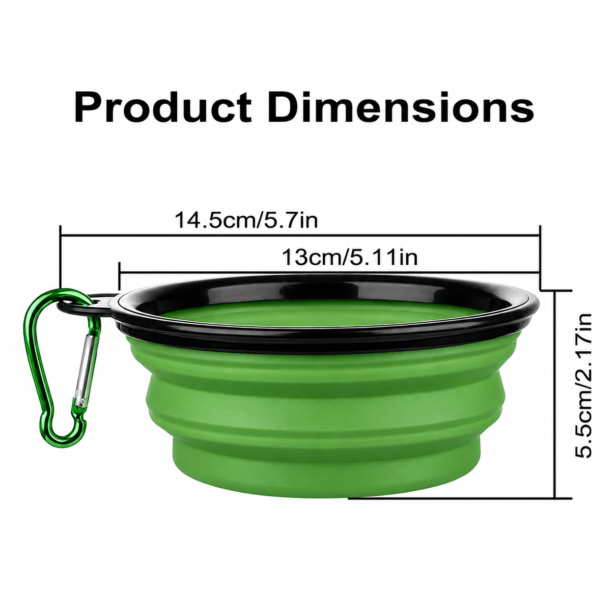 Green collapsible pet bowl with a black rim and attached green carabiner, shown with overlaid dimension lines and text reading Product Dimensions on a white background.