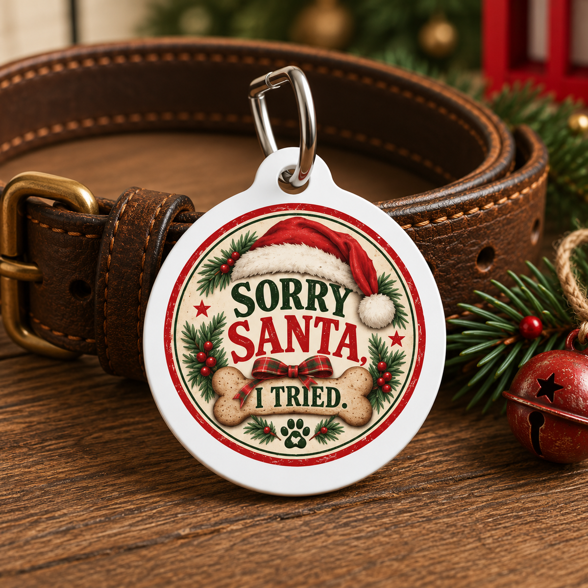 A round white pet ID tag with a silver clip, featuring a Christmas design with the text 'SORRY SANTA I TRIED.' surrounded by a Santa hat, holly, pine branches, and bones.