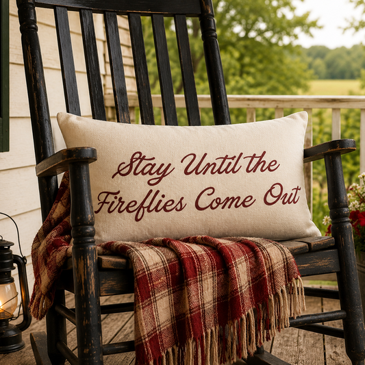 A rectangular cream throw pillow with the printed text 'Stay Until the Fireflies Come Out' in dark red script, resting on a black rocking chair on a porch. A red and beige plaid blanket is draped over the chair, alongside a lit lantern, a potted flower arrangement with a small American flag, and a blurred outdoor background of green trees.