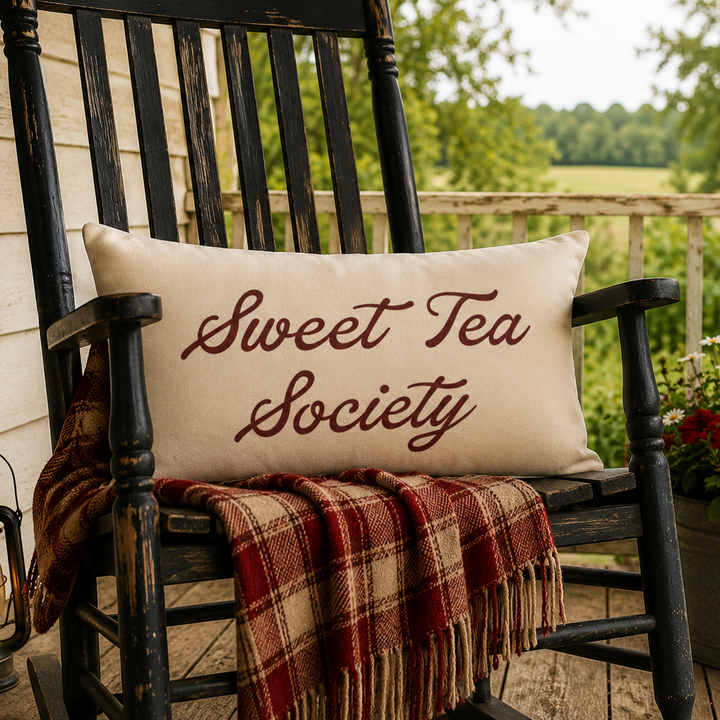 A cream-colored rectangular throw pillow with the phrase 'Sweet Tea Society' printed in dark red script, resting on a black wooden rocking chair on a porch. A red and beige plaid blanket is draped over the chair, and a small American flag and potted flowers are visible in the background.