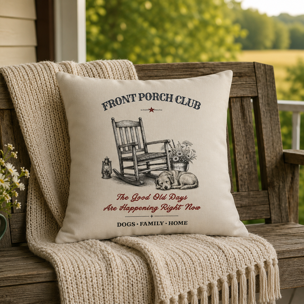 A square cream throw pillow with a vintage-style black and red graphic reading 'Front Porch Club' and 'The Good Old Days Are Happening Right Now' sits on a rustic wooden porch swing with a knitted beige blanket draped over it.