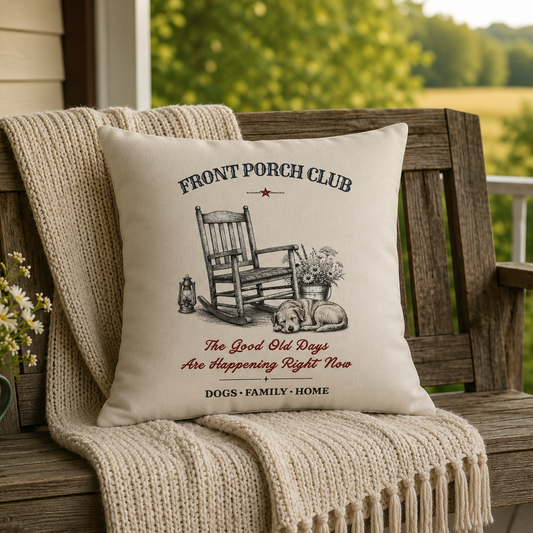 A square cream throw pillow with a vintage-style black and red graphic reading 'Front Porch Club' and 'The Good Old Days Are Happening Right Now' sits on a rustic wooden porch swing with a knitted beige blanket draped over it.