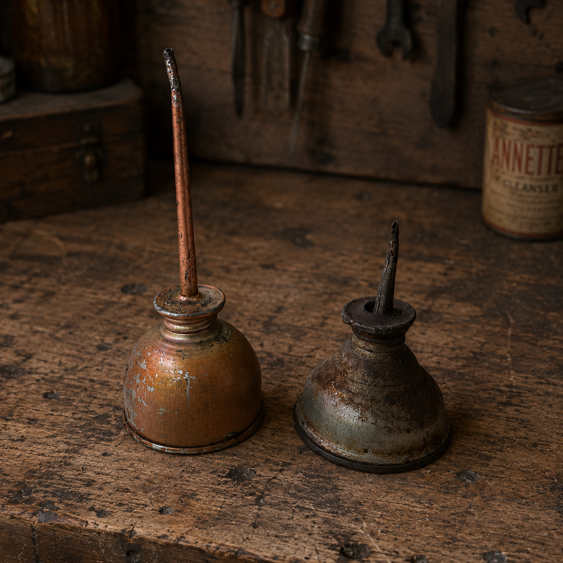 Two vintage metal oil bottles with long spouts sit on a worn wooden workbench. One bottle has a warm coppery-brown finish, while the other is dark and weathered.