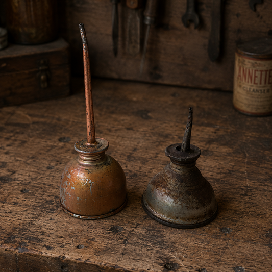 Two vintage metal oil bottles with long spouts sit on a worn wooden workbench. One bottle has a warm coppery-brown finish, while the other is dark and weathered.