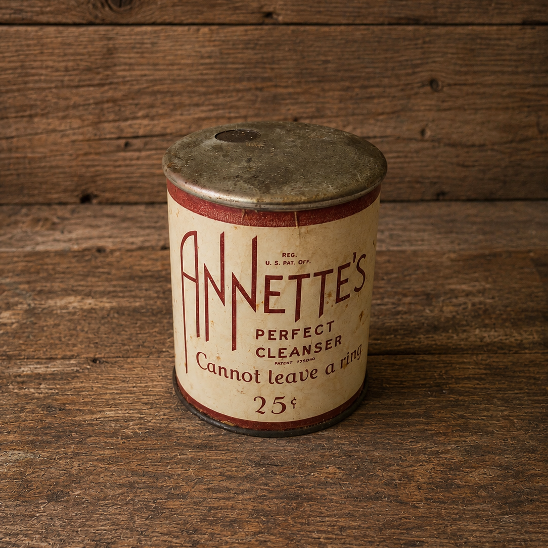 A vintage cylindrical metal tin of Annette's Perfect Cleanser, featuring a cream-colored label with red lettering and a dark metal lid, set against a rustic wooden plank background.