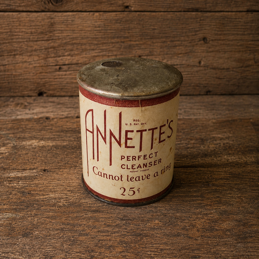A vintage cylindrical metal tin of Annette's Perfect Cleanser, featuring a cream-colored label with red lettering and a dark metal lid, set against a rustic wooden plank background.