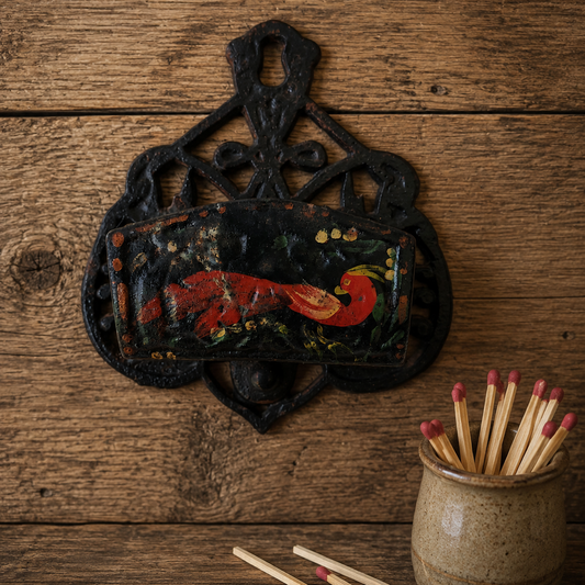 A decorative black cast-iron match holder with hand-painted red and yellow bird and floral details, displayed on a rustic wooden background next to a ceramic jar of matches.