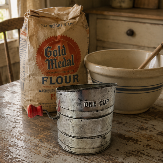 A vintage metal flour sifter labeled 'ONE CUP' sits on a rustic wooden table next to a bag of Gold Medal Flour and a cream-colored ceramic mixing bowl with a wooden spoon.