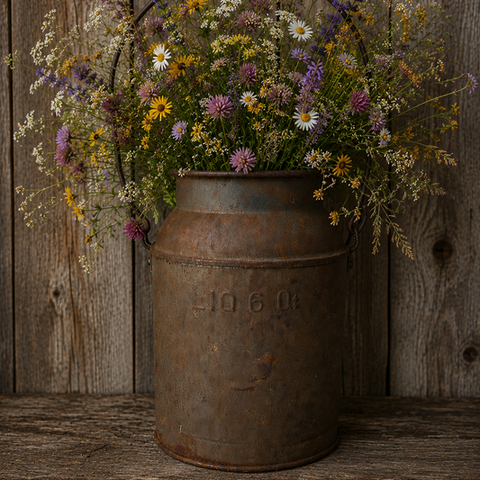 A rustic metal milk can filled with a dense arrangement of wildflowers, set against a weathered wooden plank background.