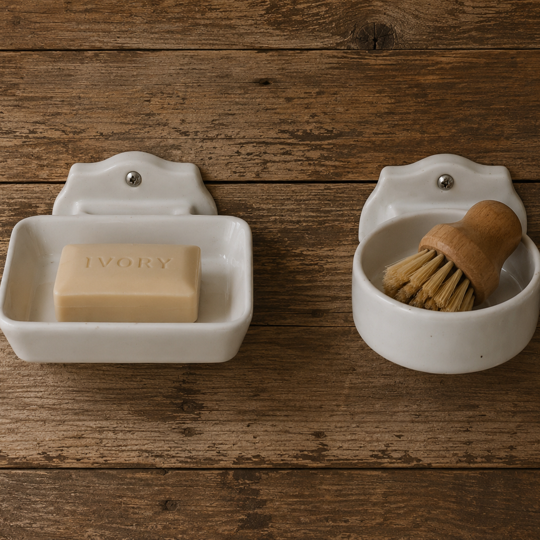 Two white ceramic wall-mounted soap dishes on a rustic wooden background, one holding a bar of ivory soap and the other holding a wooden-handled brush.