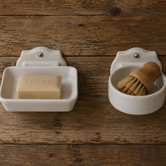 Two white ceramic wall-mounted soap dishes on a rustic wooden background, one holding a bar of ivory soap and the other holding a wooden-handled brush.