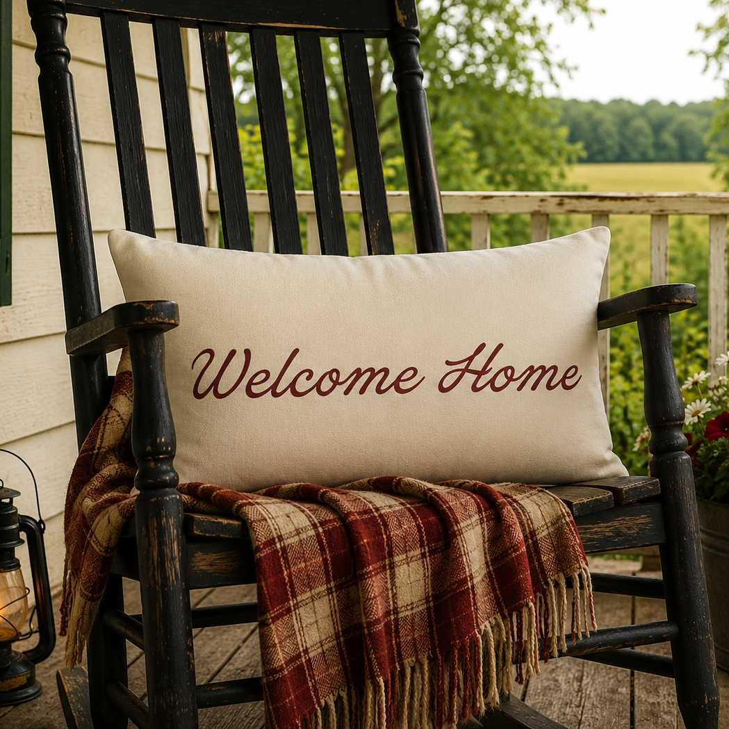 A cream rectangular throw pillow with 'Welcome Home' printed in red script, resting on a black wooden rocking chair on a porch. A red, brown, and beige plaid blanket is draped over the chair, with a lit lantern on the left and a potted American flag and flowers on the right.