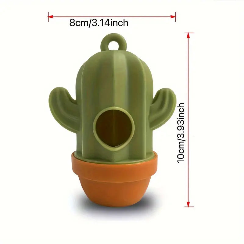 A cactus-shaped dog poop bag dispenser in olive green with a terracotta-colored pot base, shown with red dimension lines and text indicating 8cm/3.14inch width and 10cm/3.