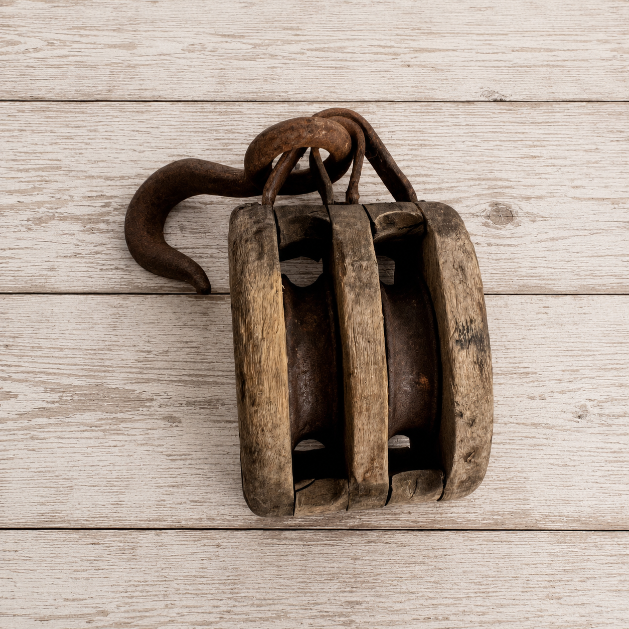 Double Barn Pulley, Rusty Iron and Wood Hook and Pulley 1930s