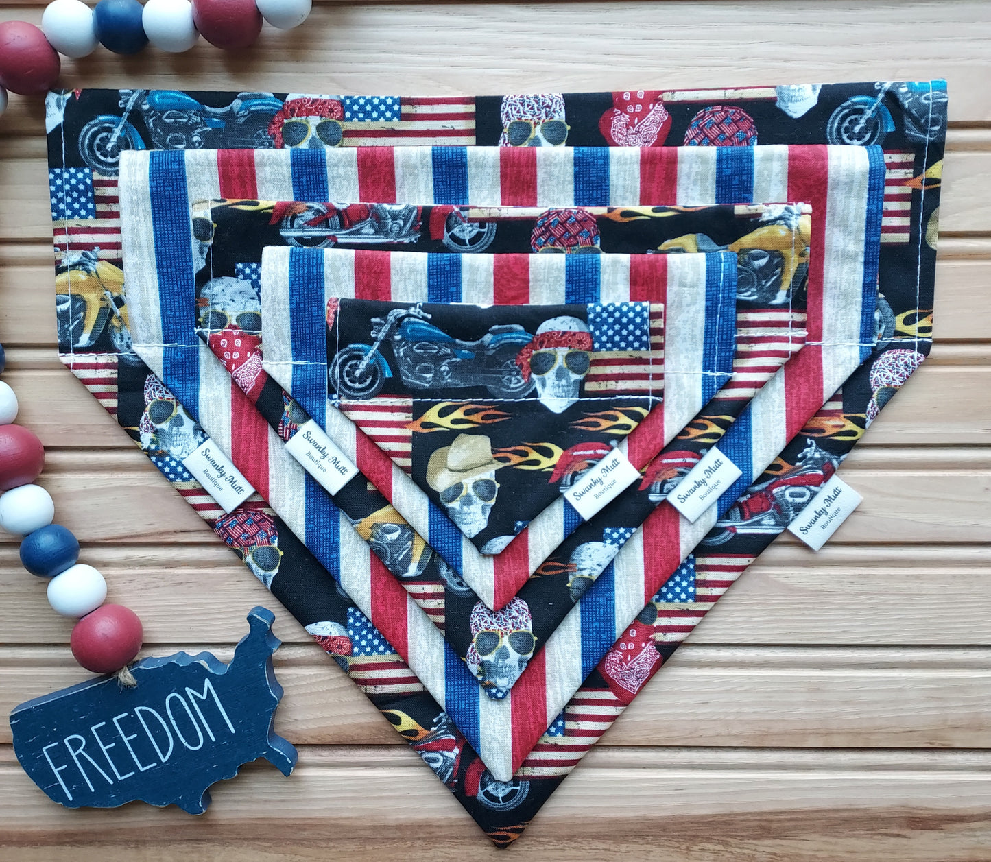 Collection of bandanas with American flag and motorcycle designs.
