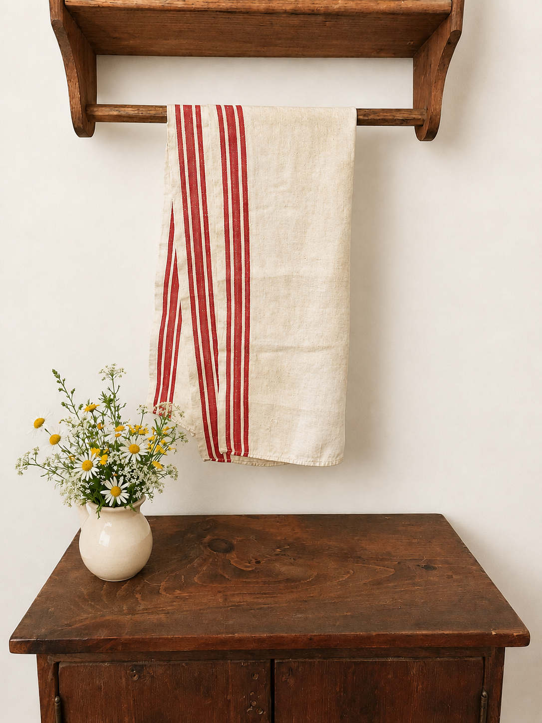 Long Linen Kitchen Towels Set of 3, French-Style White with Red Stripes Soft Hand Towels