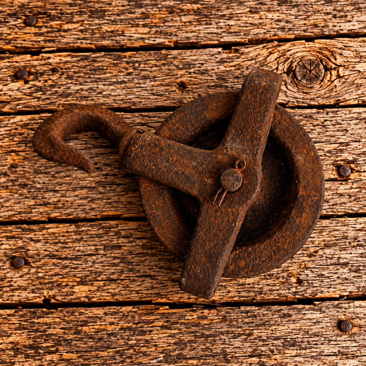 Small Rusty Cast Iron Single Pulley with Hook 1920s