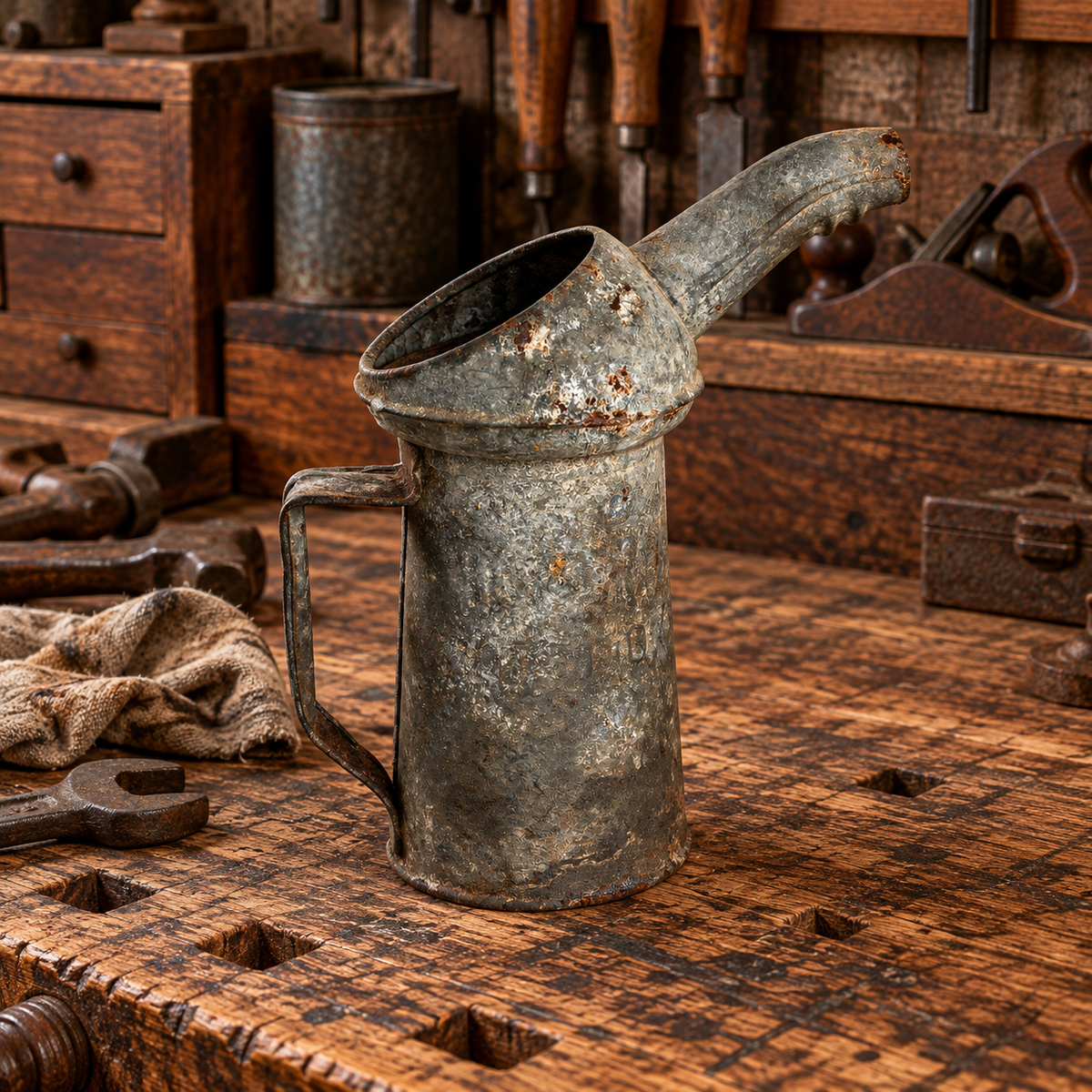 Rusty Metal 1 QT Oil Cans with Spout and Handle, Choice, 1950s