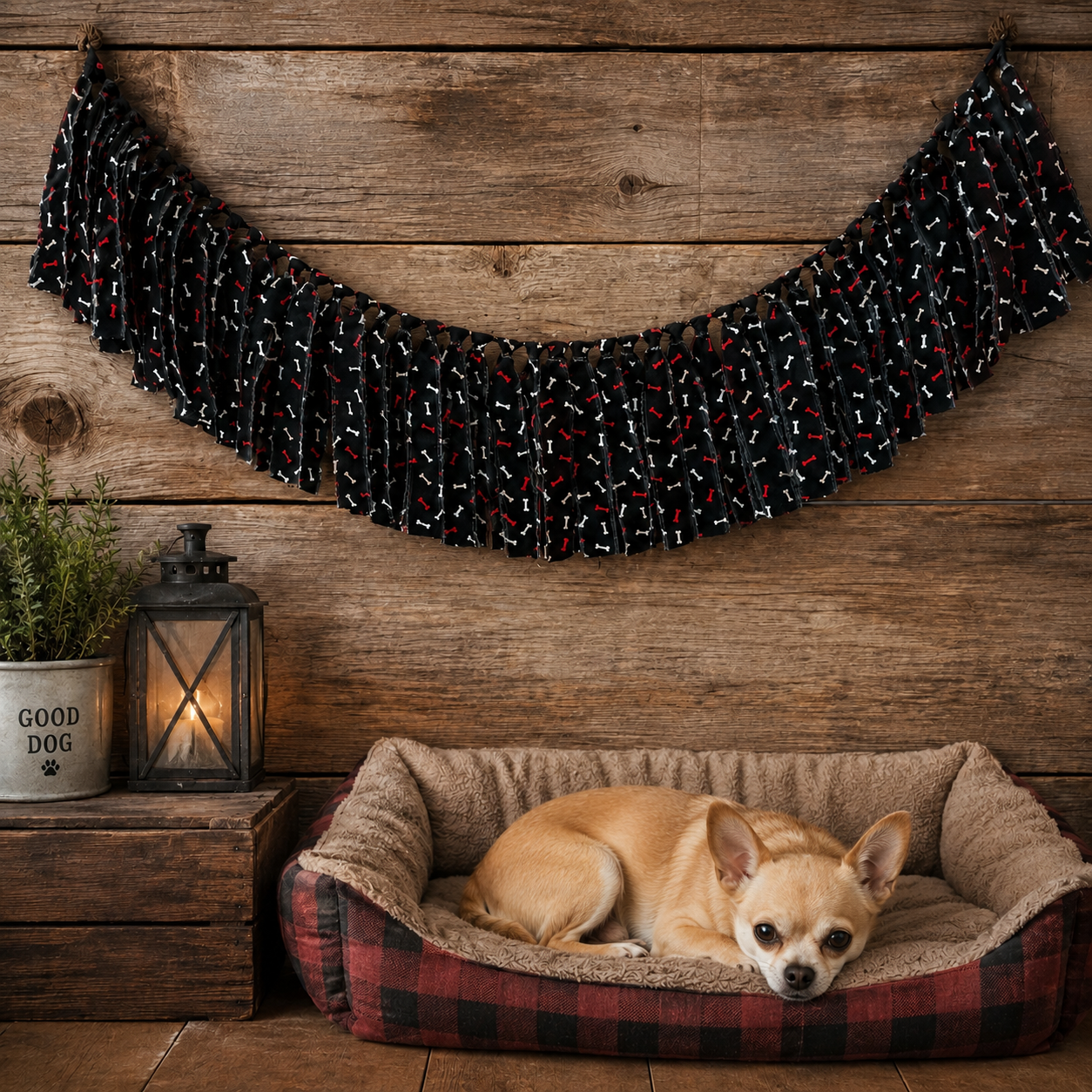 Dog Bone Rag Garland | Handmade Black Cotton Fabric 36" Garland | Dog Lover Farmhouse Decor