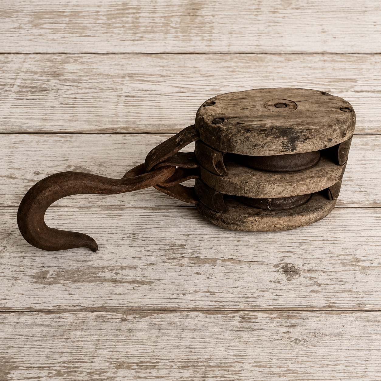 Double Barn Pulley, Rusty Iron and Wood Hook and Pulley 1930s
