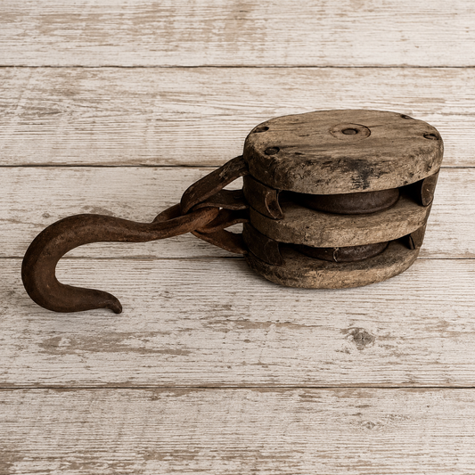 Double Barn Pulley, Rusty Iron and Wood Hook and Pulley 1930s