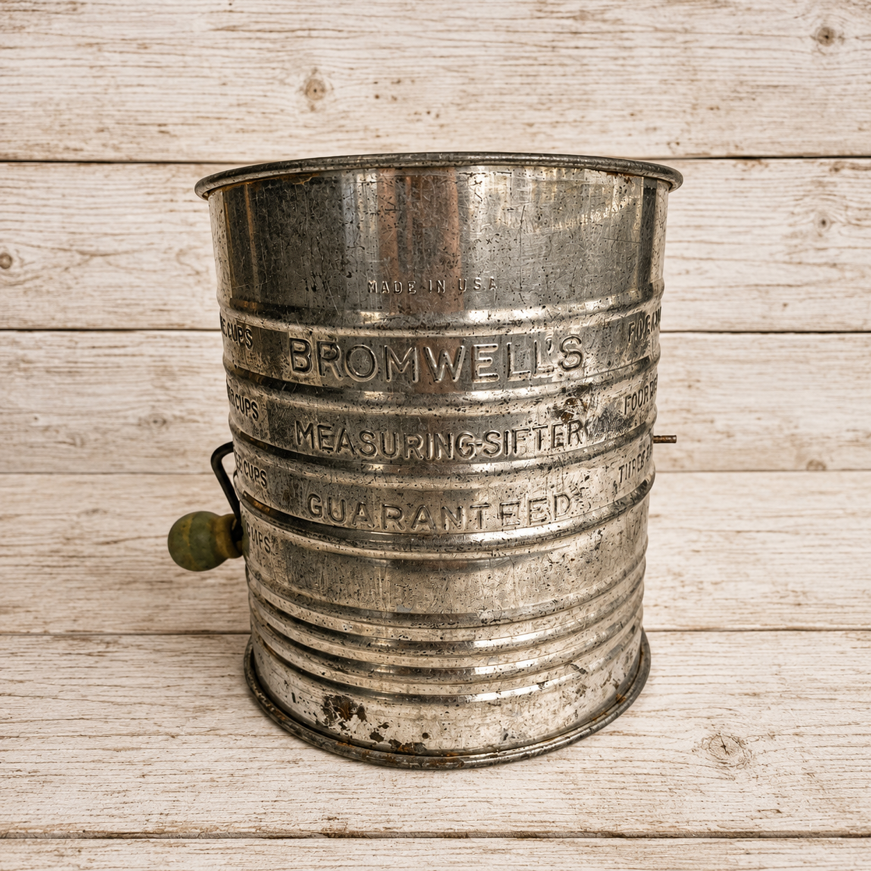 Bromwell's 5 Cup Measuring Sifter Guaranteed with Aqua Wooden Handles 1940s